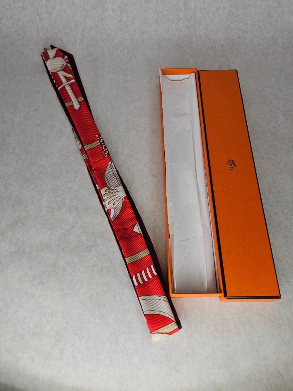 Authentic Hermes Red White Twilly Thin Silk Scarf with Box